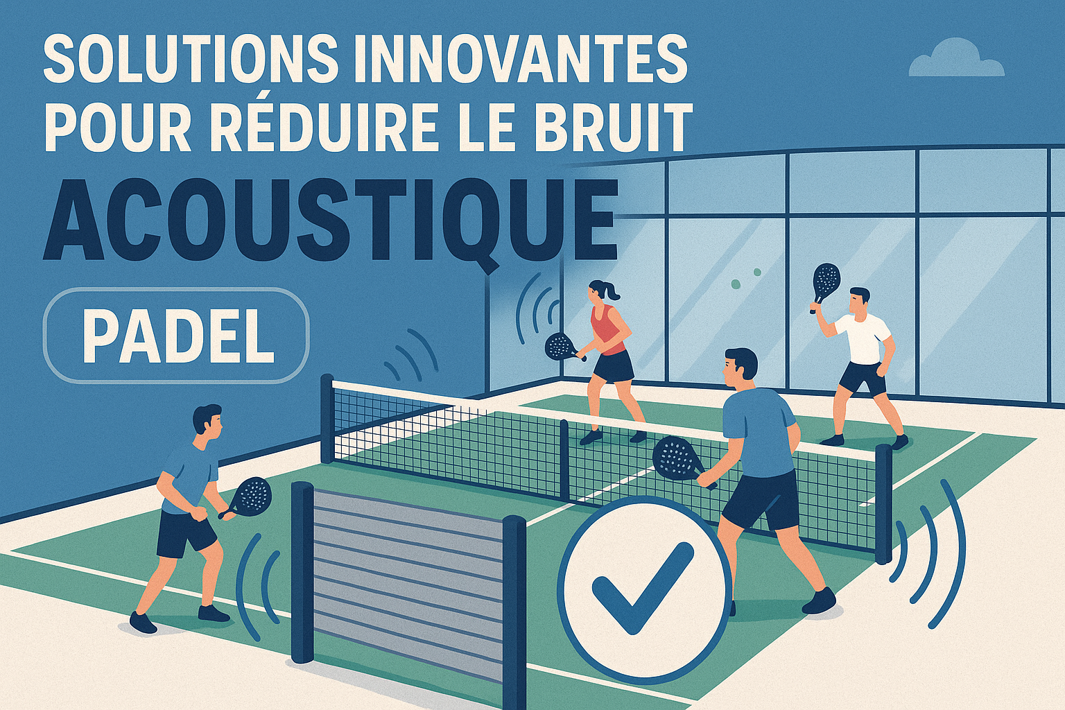 Réduction du bruit acoustique sur les terrains de padel – Solutions innovantes Echo Padel Quatre joueurs de padel sur un terrain avec des solutions pour réduire le bruit et maîtriser l’acoustique