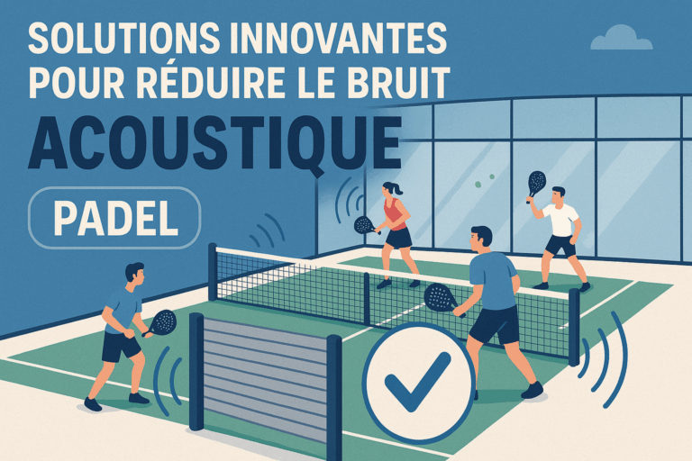 Quatre joueurs de padel sur un terrain avec des solutions pour réduire le bruit et maîtriser l’acoustique